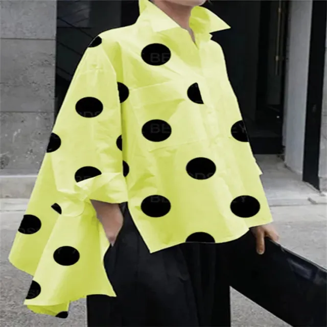 Long Sleeve Polka Dot Chiffon Temperament Commute White Lapel Shirt Yellow - Shop at LoveMi