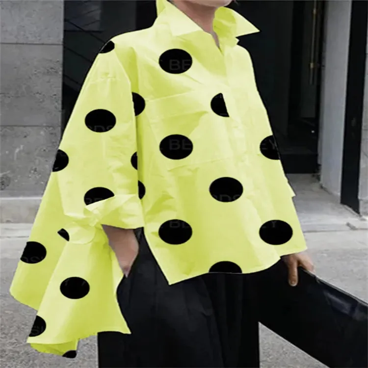 Long Sleeve Polka Dot Chiffon Temperament Commute White Lapel Shirt - Yellow
