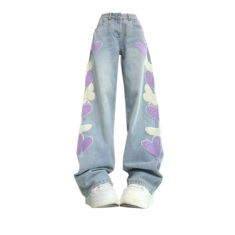 Vintage Butterfly Paste Cloth Embroidery Jeans Straight leg Wide leg Pants Purple Love Butterfly - Shop at LoveMi