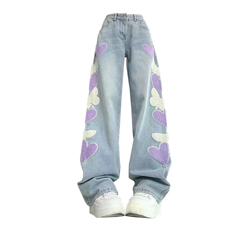 Vintage Butterfly Paste Cloth Embroidery Jeans Straight-leg Wide-leg Pants - Purple Love Butterfly