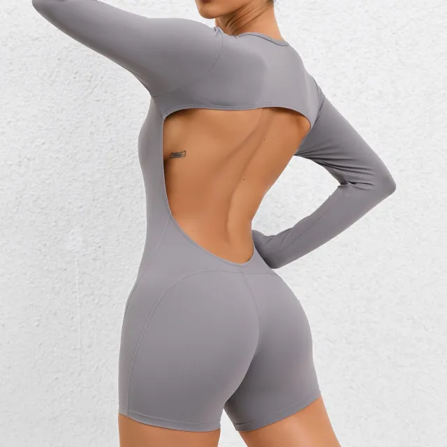 Long Sleeve Yoga Pants Sexy Backless Tight Jumpsuit Women Fitness Sports Clothes Dark Gray - Shop at LoveMi