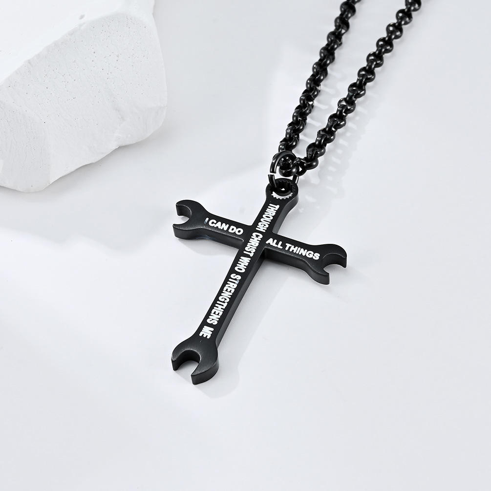 Men's Titanium Steel Glossy Wrench Cross Necklace