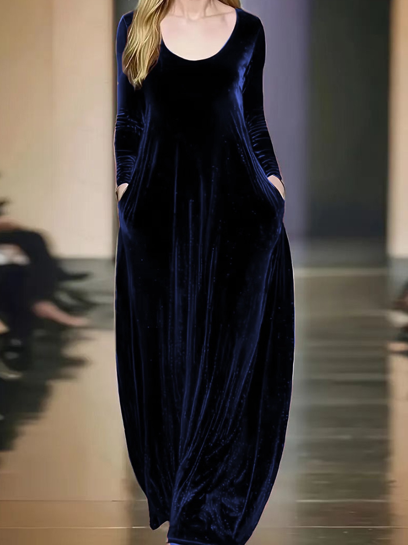 Autumn And Winter Gold Velvet Long Dress Round Neck Blue - Shop at LoveMi
