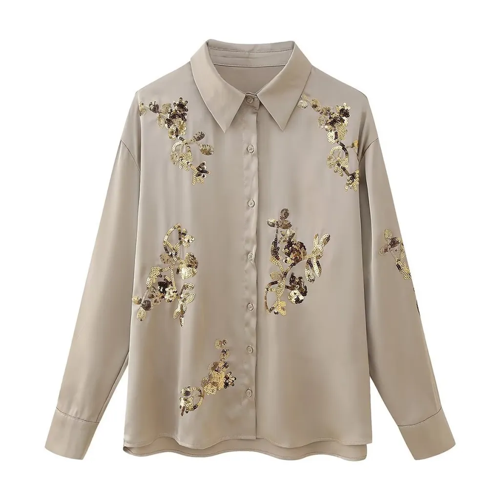 Women's Embroidered Beads Long Sleeve Trousers Suit - Beige Coat