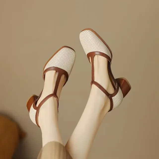 Hole Sandals Female Summer Retro Style Color Block Chunky Heel Pumps Beige - Shop at LoveMi