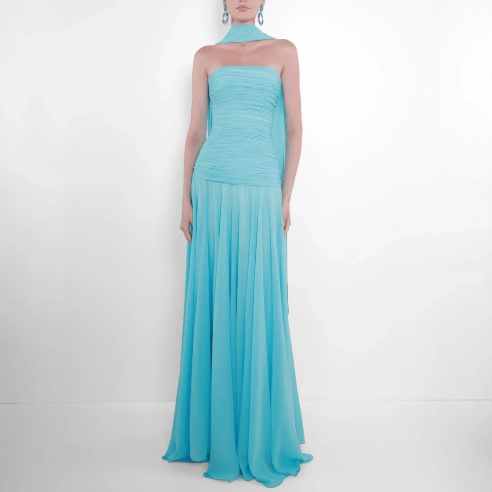 Strapless Pleated Dress With Fluttering Ribbons An Elegant Sophisticated Maxi Gown