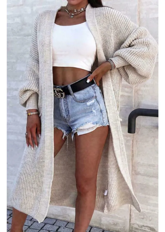 Solid Color Knitwear Pocket Cardigan Mid length Sweater Women's Coat Beige - Shop at LoveMi