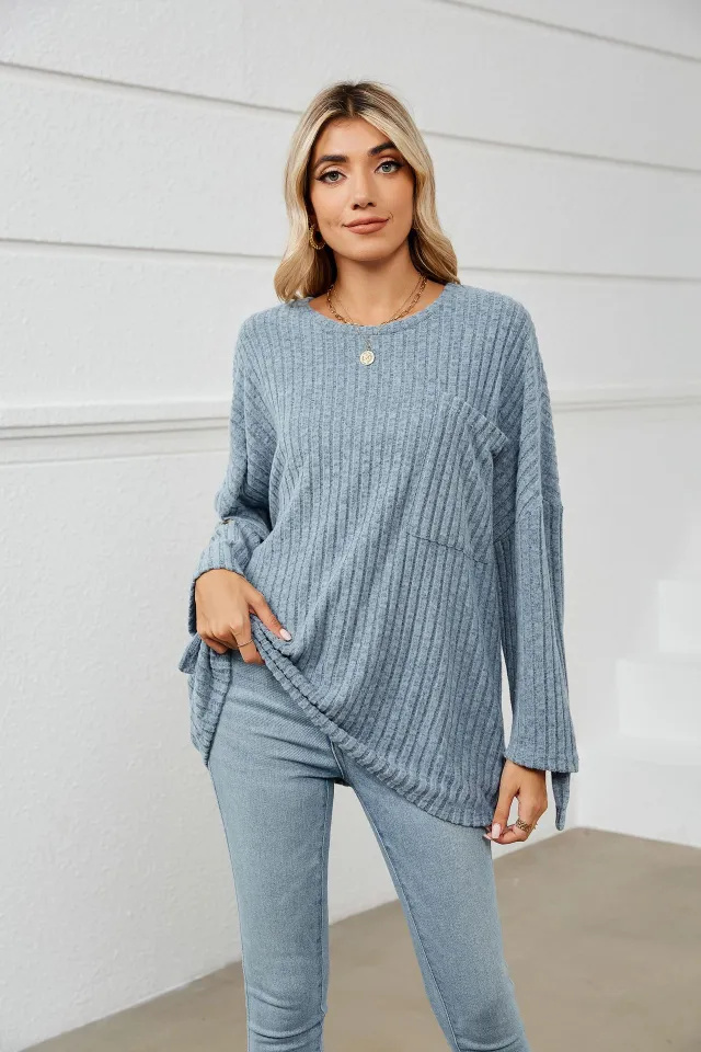 Women's Sunken Stripe Fleece Long sleeved T shirt Blue - Shop at LoveMi
