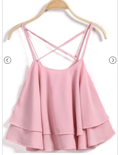 Solid Color Elegant Ruffle Double layer Chiffon Camisole Casual All matching Tops Pink - Shop at LoveMi