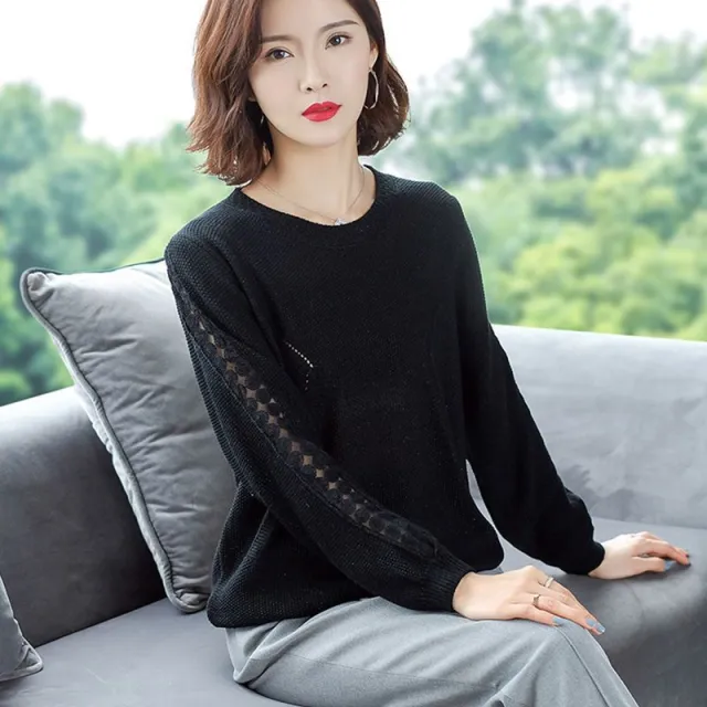 Loose Round Neck Hollow Top Sweater Black - Shop at LoveMi