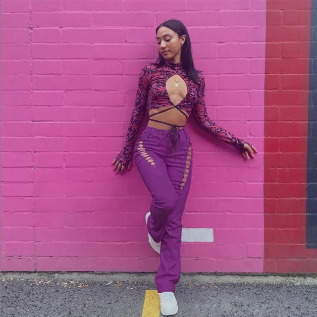 Women's High Waist Hollow out Strap Straight Ankle Tied Leather Pants Purple - Shop at LoveMi