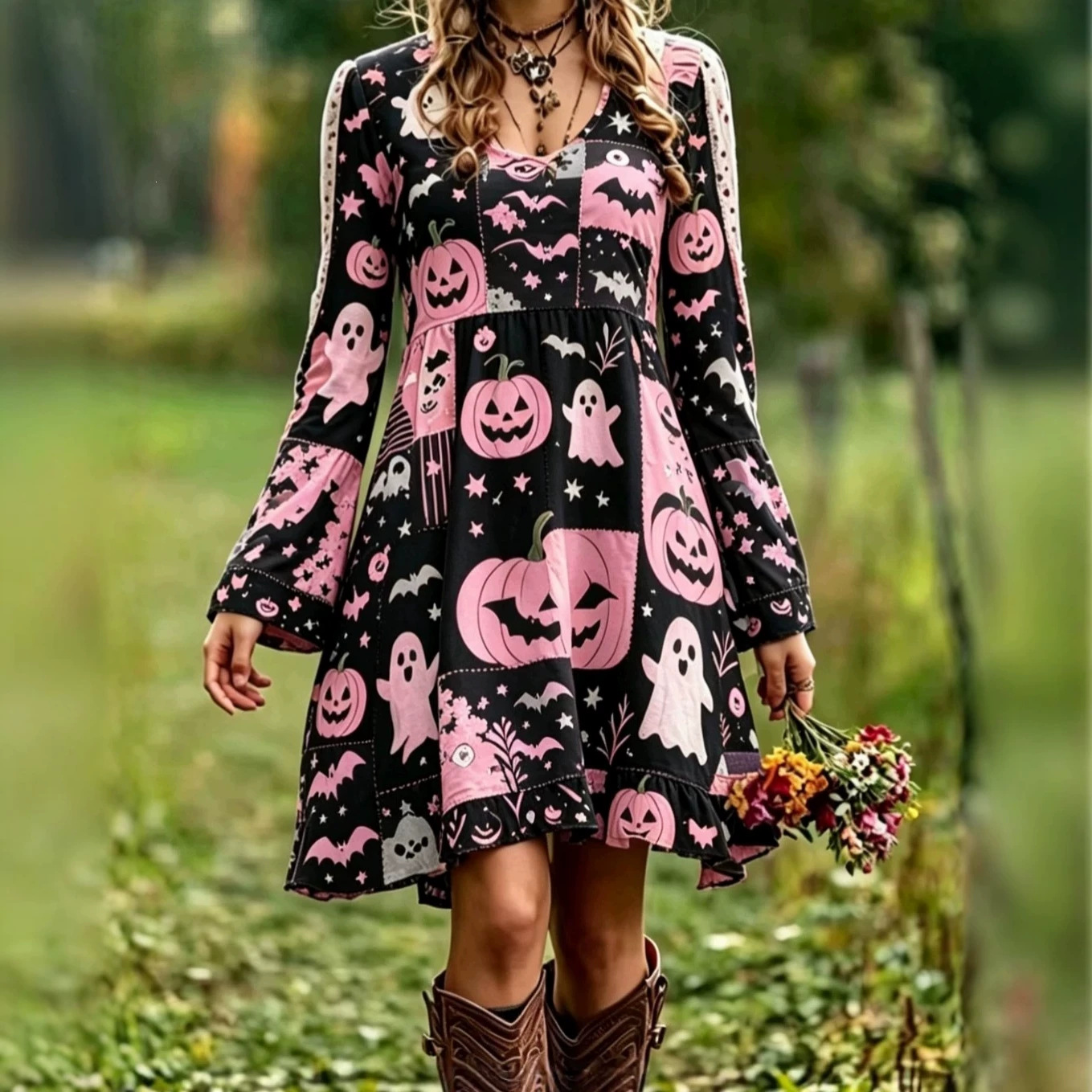 Women's Halloween Pumpkin And Ghost Print V-Neck Dress
