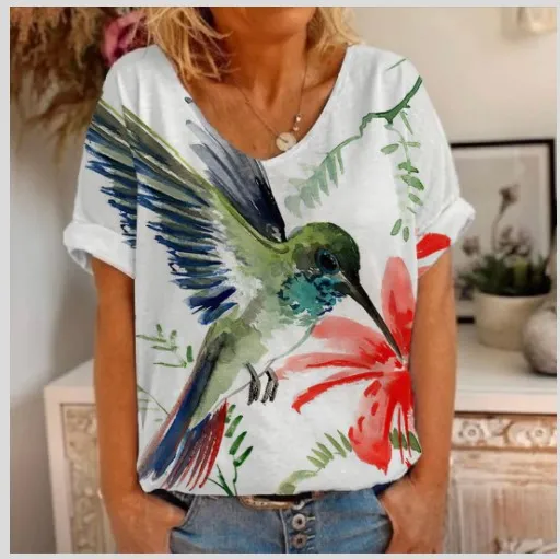 Women's Printed Short sleeved T shirt V neck Loose Top Style 6 4Xl - Shop at LoveMi