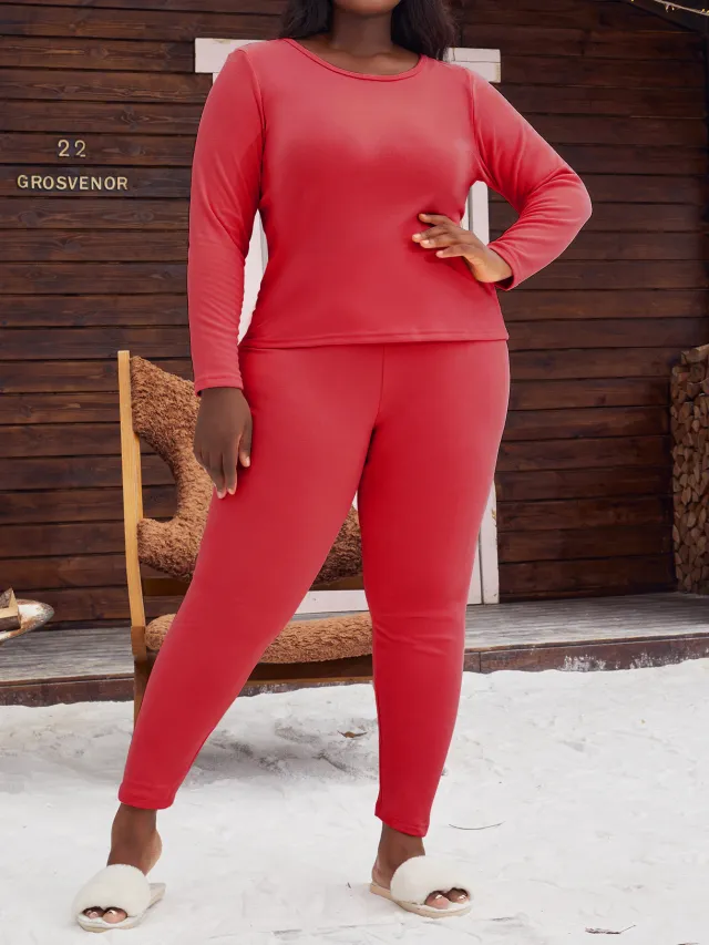 Plus Size Pajamas Women's Round Neck Long Sleeve Shorts Red - Shop at LoveMi