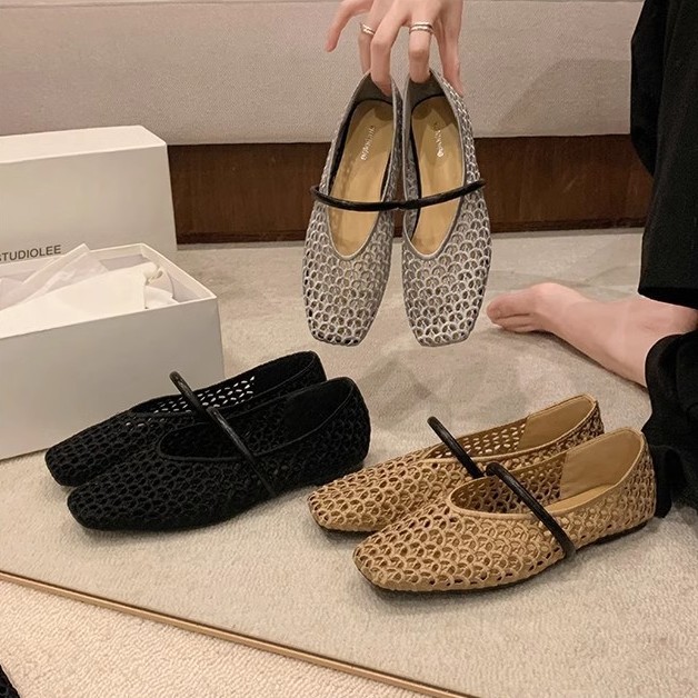 Womens French-style Square-toe Cutout Woven Sandals