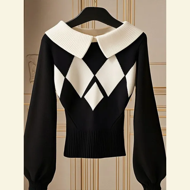 European Goods Western Style Unique Chic Niche Idle Style Black Diamond Plaid Sweater White - Shop at LoveMi