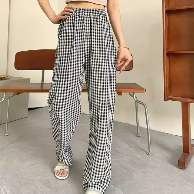 Japanese Style Plaid Casual Wide leg Pants For Women Black Plaid - Shop at LoveMi