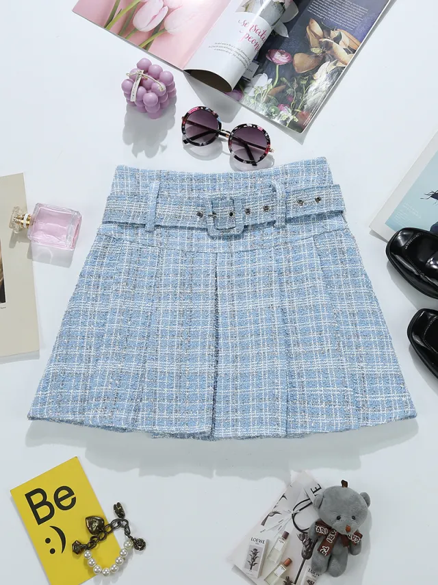 Tweed Bright Silk Plaid Skirt Women's High Sense A Line Blue - Shop at LoveMi
