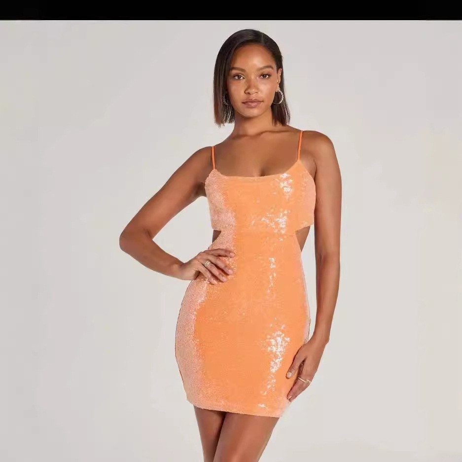 Sequin Backless Cutout Strap Bodycon Dress Orange - Shop at LoveMi