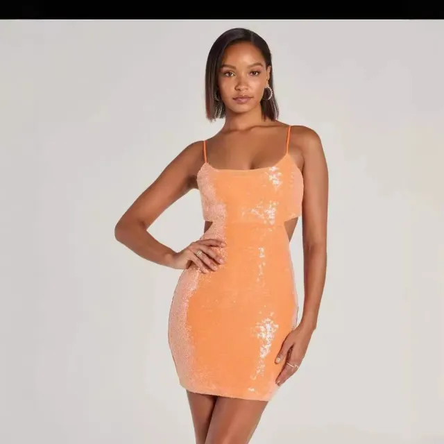 Sequin Backless Cutout Strap Bodycon Dress Orange - Shop at LoveMi