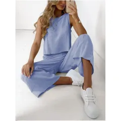 Cotton And Linen Suit Women's Sleeveless Shirt Cropped Wide-leg Pants Two Piece Set - Blue - View 1