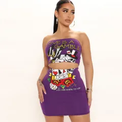 Fashion Nightclub Uniforms Sexy Backless Wrap Chest Printed Skirt Two-piece Suit - Purple - View 1