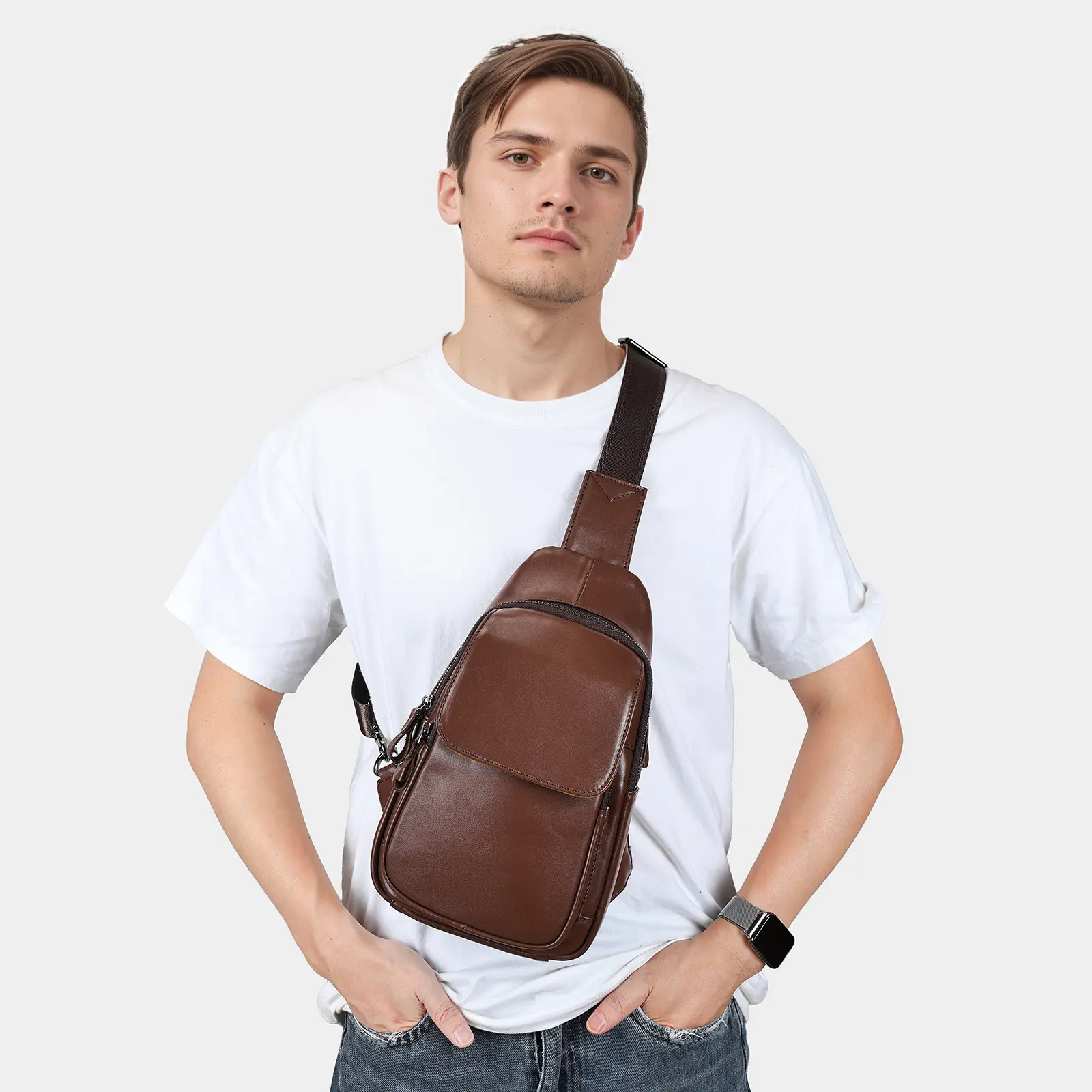 Outdoor Leisure Men's Leather Chest Bag