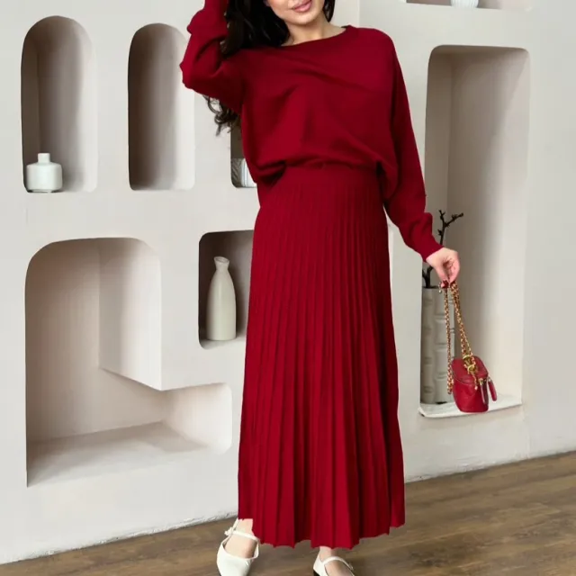 Women's Fashion Round Neck Solid Color Long Sleeved Pleated Skirt Set Red - Shop at LoveMi