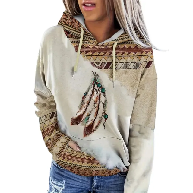 Women's Hooded Multicolor Printing Sports Pocket Drawstring 3D Retro Sweater Jhy242 - Shop at LoveMi