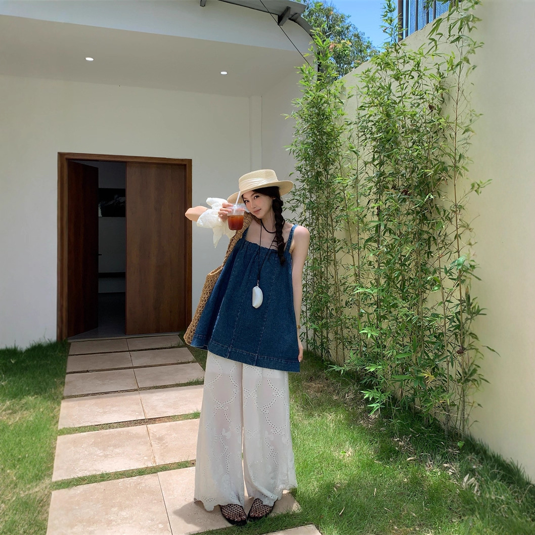 Denim Top Loose All-match Lace Wide Leg Pants Fashion Suit