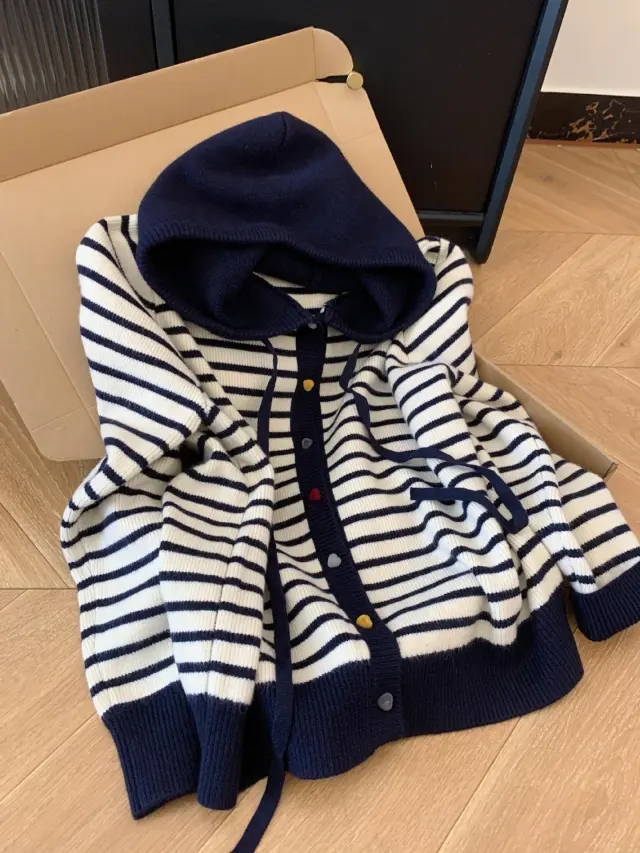 Hooded Color Buckle Knitted Cardigan Loose Western Style Striped Hooded Top Navy Blue - Shop at LoveMi