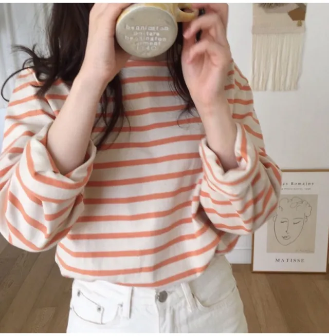 Korean Style Striped T shirt Women's Long sleeved Loose Inner Wear Bottoming Shirt Versatile Top Orange - Shop at LoveMi