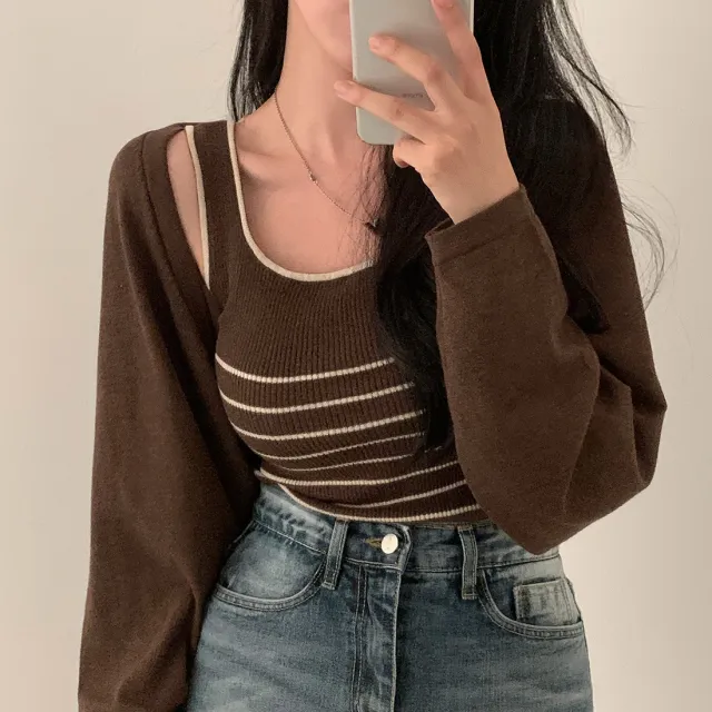 Retro Slim Fit All matching Striped Knitted Vest Long Sleeve Shawl Sweater Coat Brown - Shop at LoveMi