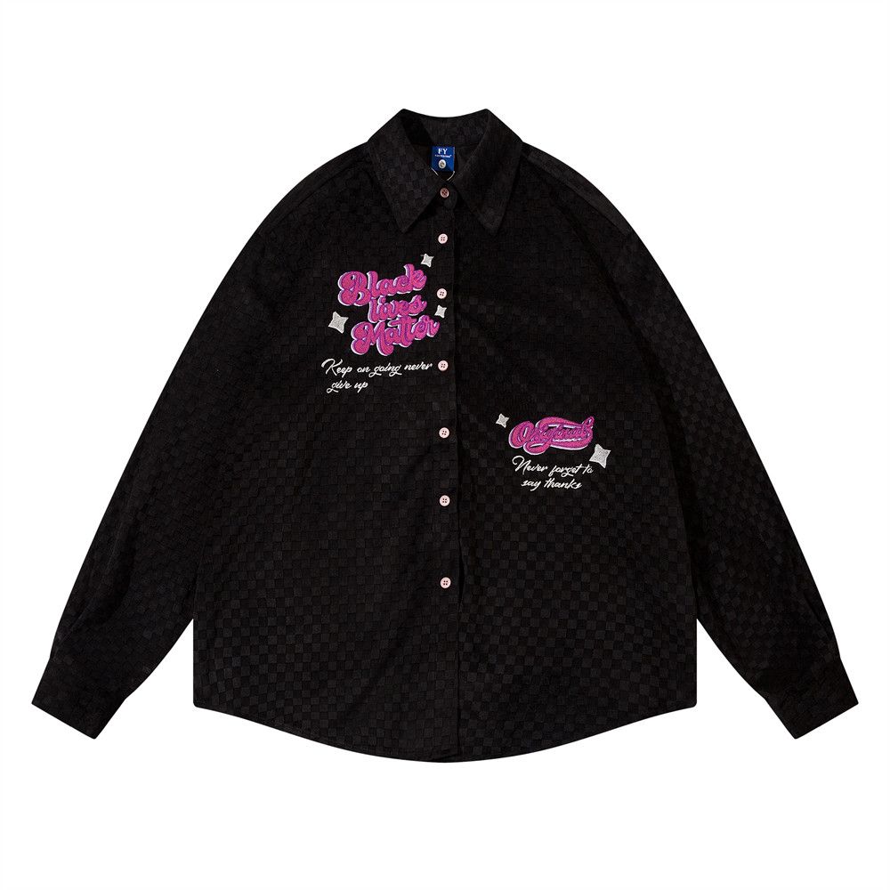 Embroidered Letter Chessboard Plaid Long Sleeve Shirt Coat