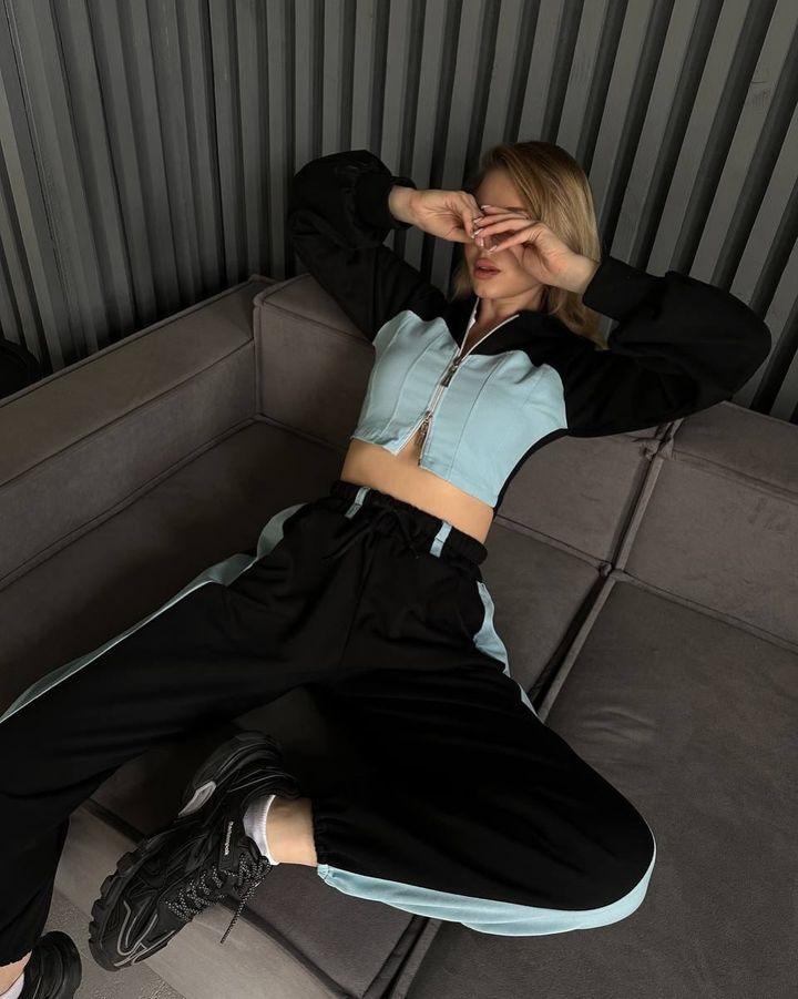 Fashion Casual Sweater Suit Denim Stitching Hooded Top And Trousers Women's Clothing