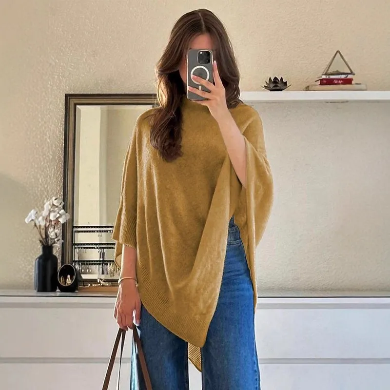 Shawl-Neck Sweater Irregular Wool Knitted Cape - Tan