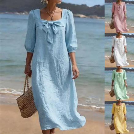Fashionable Square-Neck Bow-Knot Womens Dress