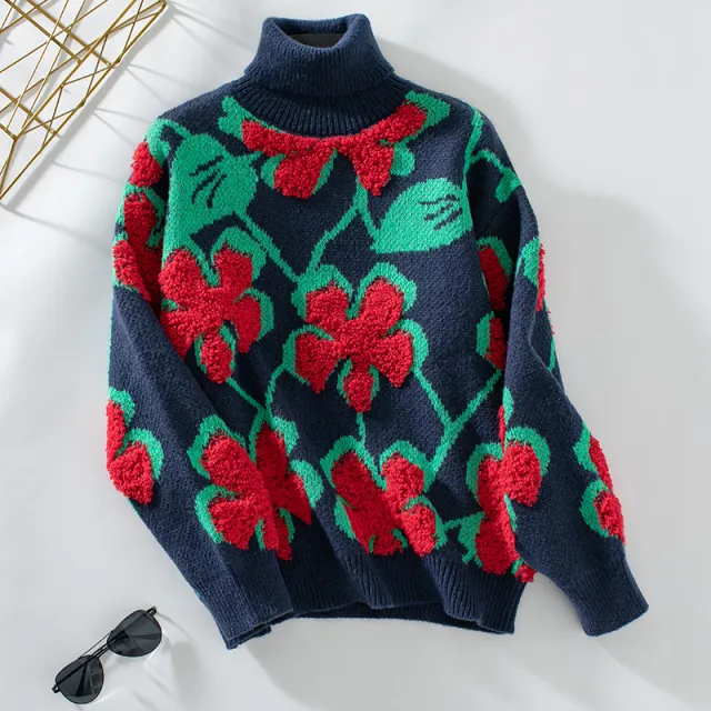 Women's Knitwear Three dimensional Flocking Floral Lapel Red - Shop at LoveMi