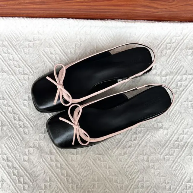 Square Toe Chunky Heel Low cut Back Empty Closed Toe Sandals Black - Shop at LoveMi