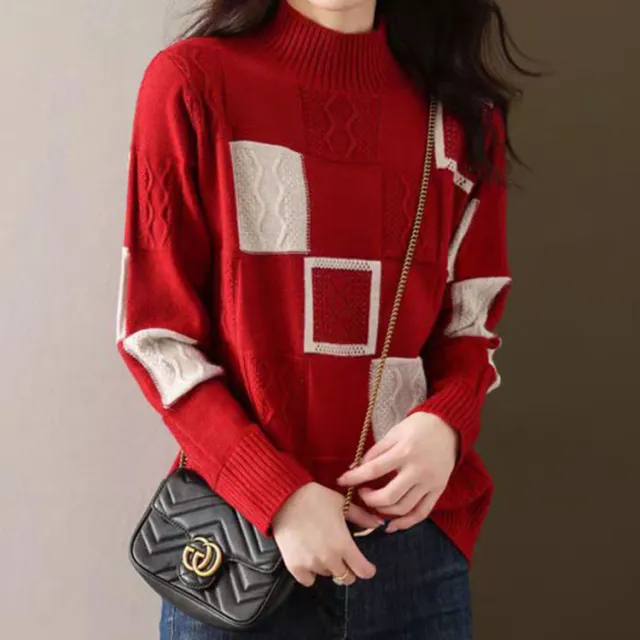 Women's High grade Color Matching Plaid Sweater Red - Shop at LoveMi
