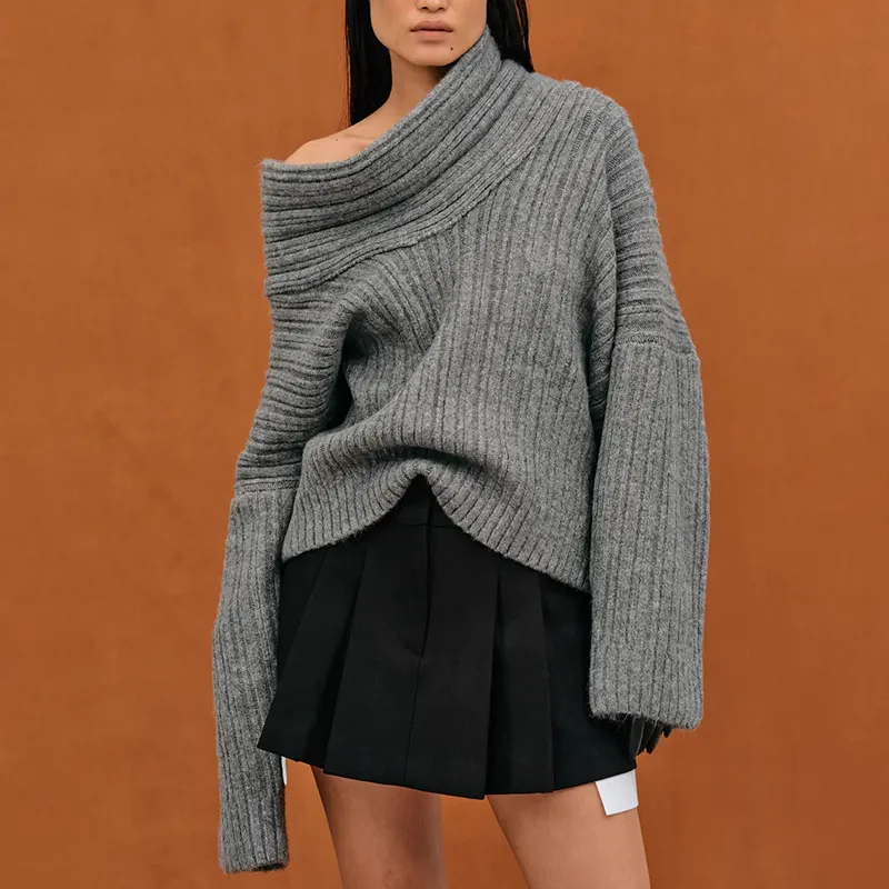 Regular Off-neck Design Loose-fitting Casual Pullover Long-sleeved Shirt - Gray