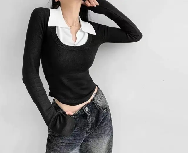 Women's Fashion Stitching Contrast Color Lapels Knitwear Black - Shop at LoveMi