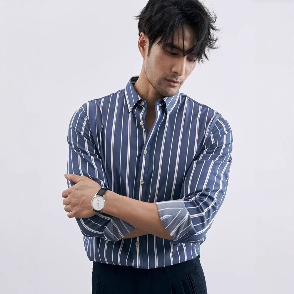 Men's Loose-Fit Casual Striped Long-Sleeve Shirt