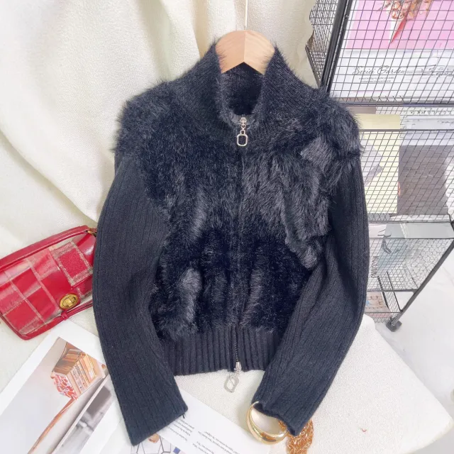 Women's Solid Color Stand Collar Faux Mink Sweater Black - Shop at LoveMi