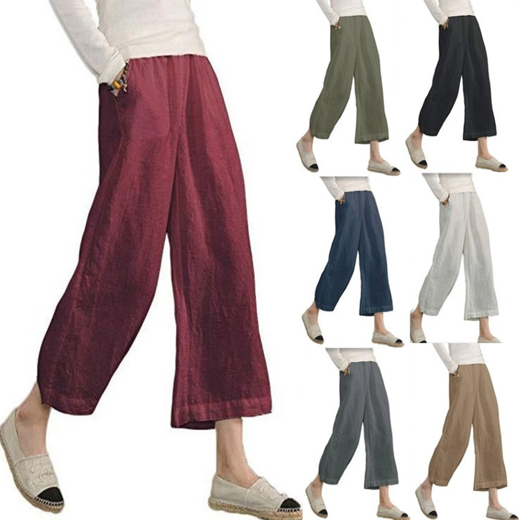 Solid-color Cotton-linen Relaxed-fit Casual Cropped Wide-leg Pants