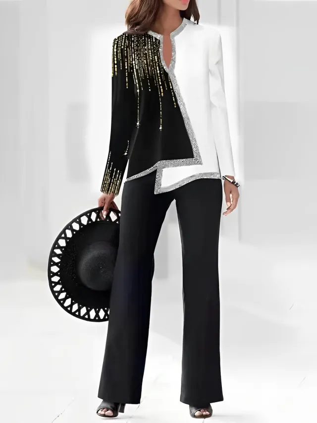 Women's Fashion 3D Digital Printing Shirt And Trousers Suit Silver Edge Black - Shop at LoveMi