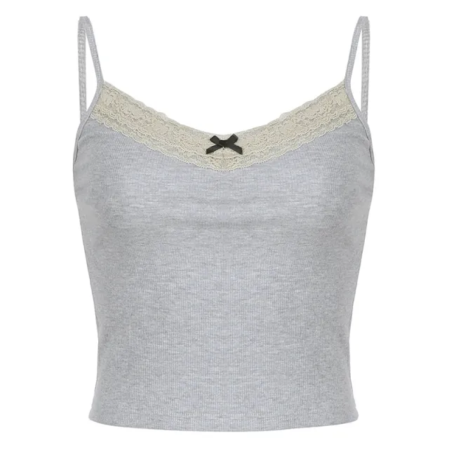Girl Style Fashionable Knitted Lace Patchwork Round Neck Navel Short Vest Gray - Shop at LoveMi
