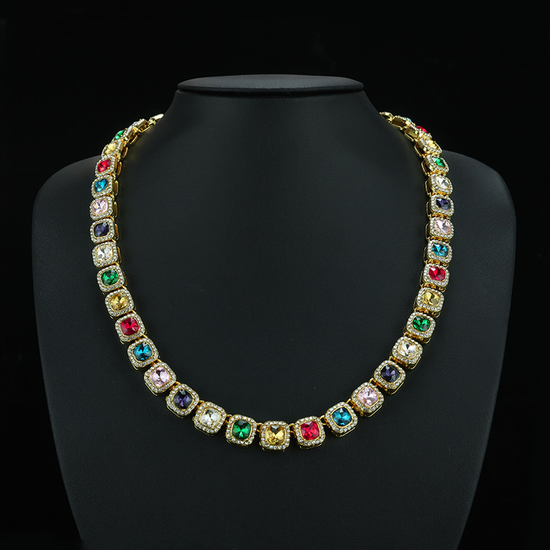 10mm Square Glass Full-diamond Colored Necklace