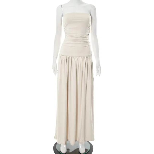 Women's Sleeveless Tube Top Pleated Long Dress Light Apricot - Shop at LoveMi