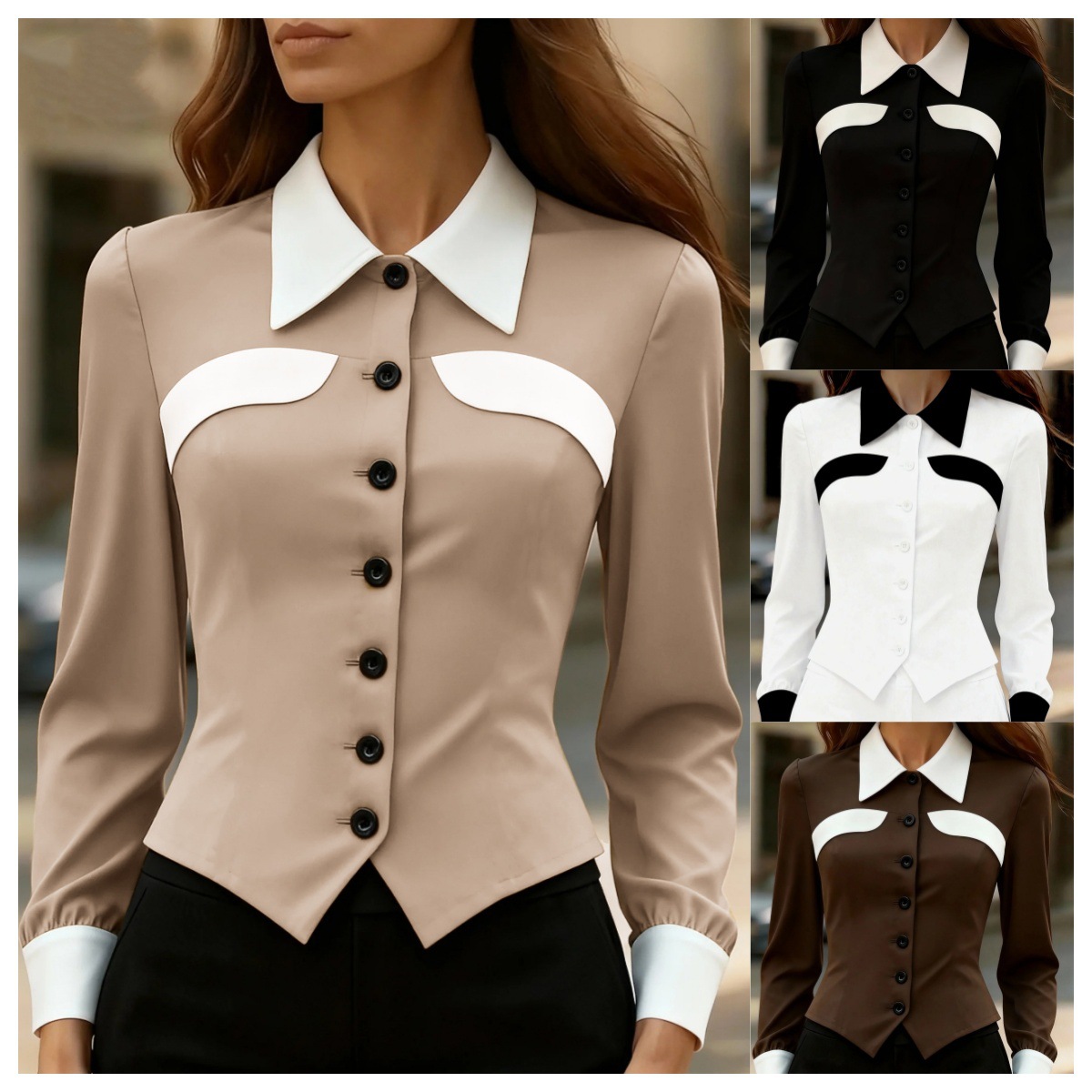 Color-blocked Slim-fit Versatile Long-sleeve Shirt For Women